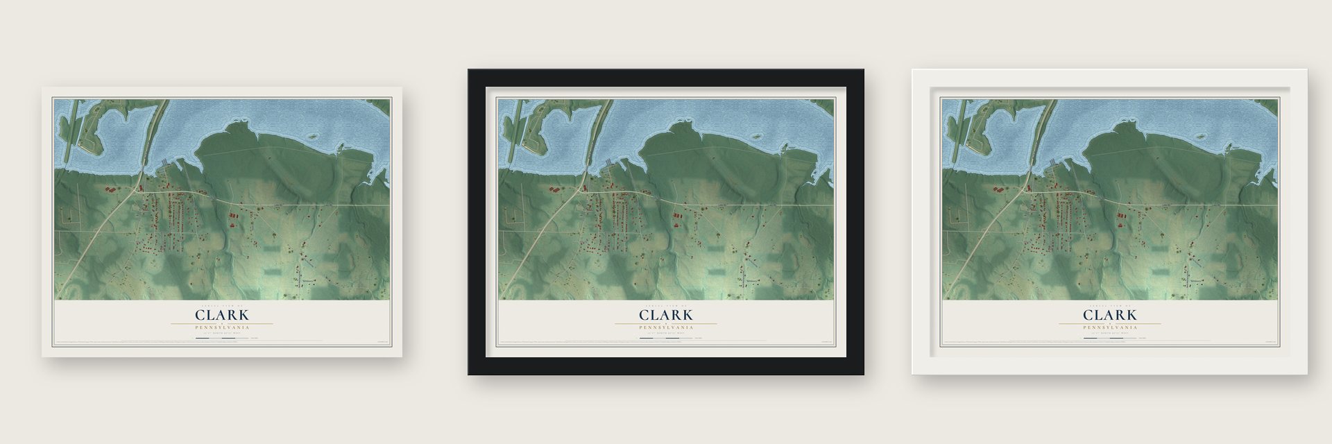 Clark, Pennsylvania map unframed, in a black wood frame and in a white wood frame