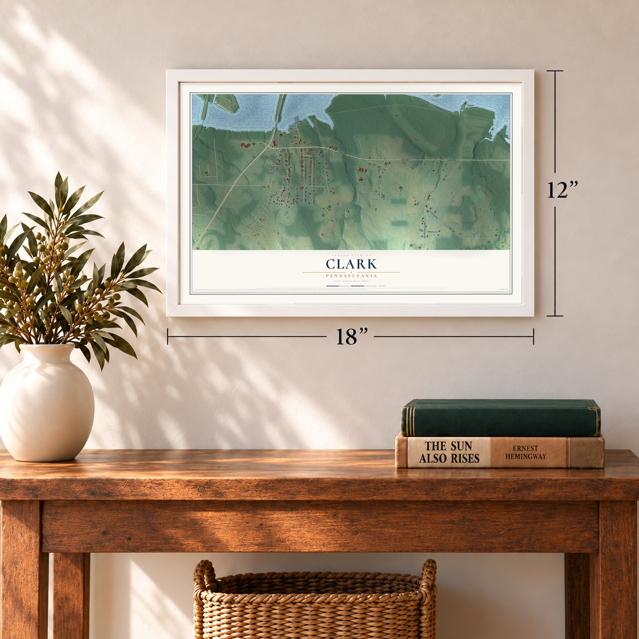 Clark, Pennsylvania map, 12 x 18 inch print in a white frame in an entryway