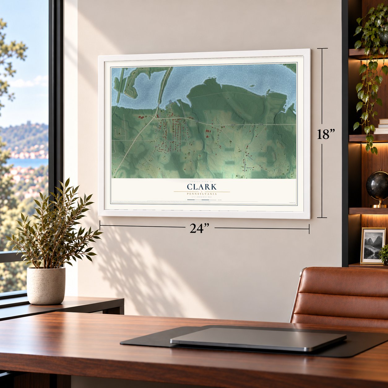 Clark, Pennsylvania map, 18 x 24 inch print in a white frame in a home office