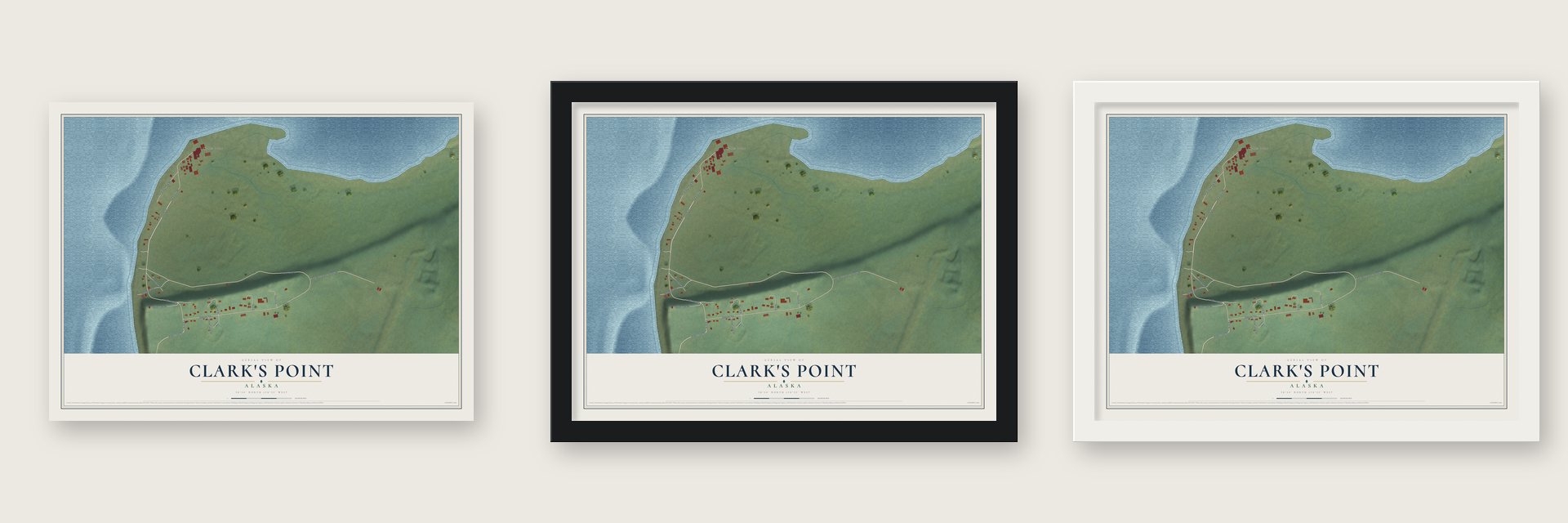 Clark's Point, Alaska map unframed, in a black wood frame and in a white wood frame