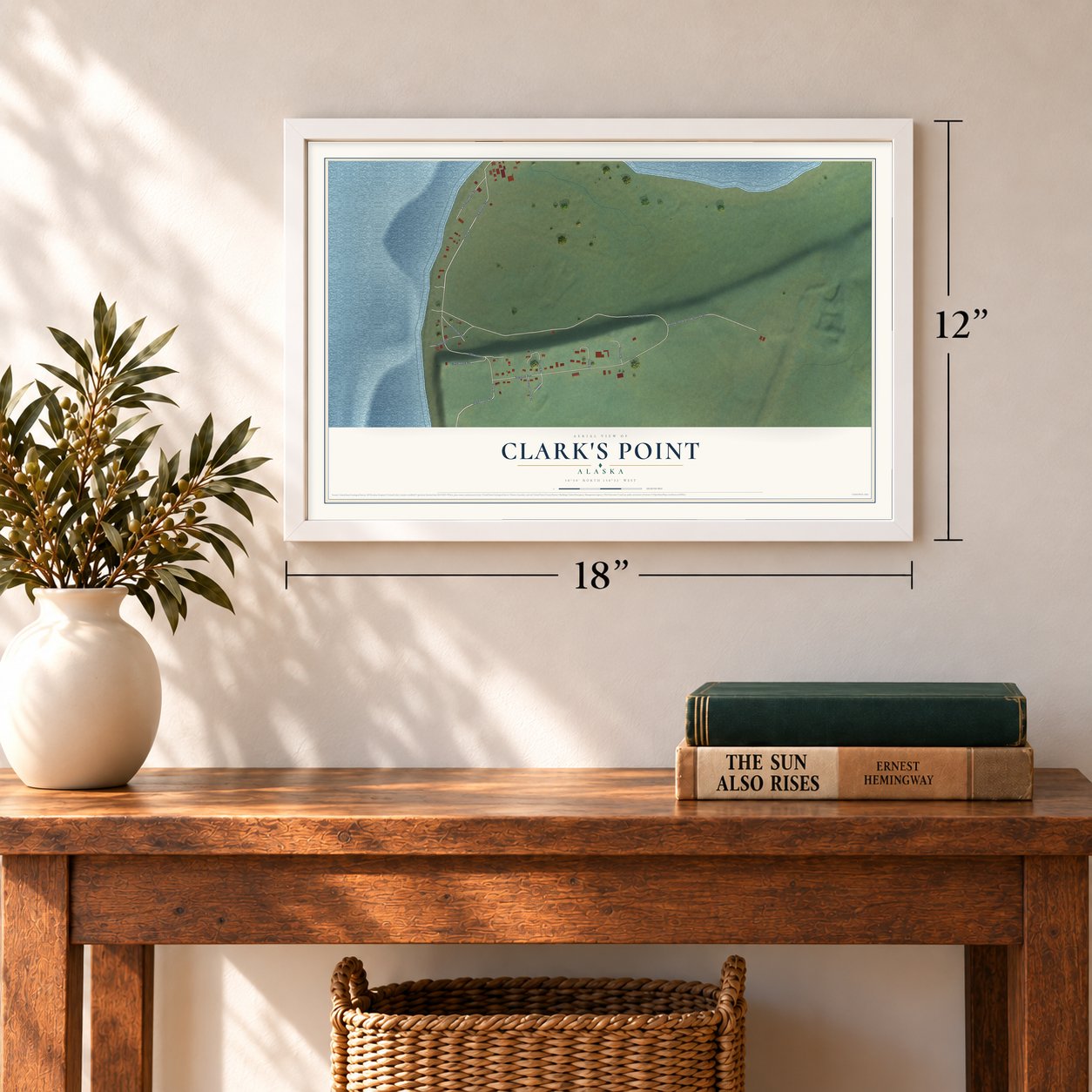 Clark's Point, Alaska map, 12 x 18 inch print in a white frame in an entryway