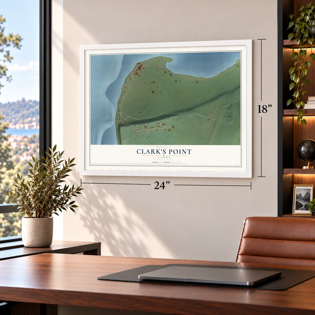 Clark's Point, Alaska map, 18 x 24 inch print in a white frame in a home office