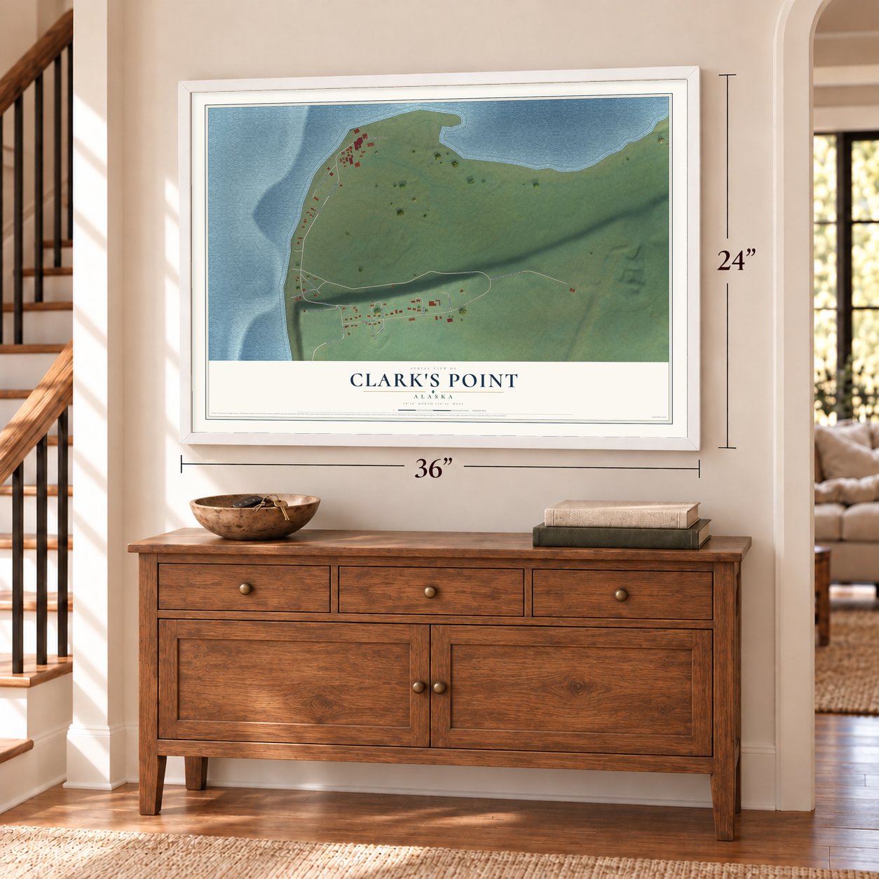 Clark's Point, Alaska map, 24 x 36 inch print in a white frame above a dresser by a staircase