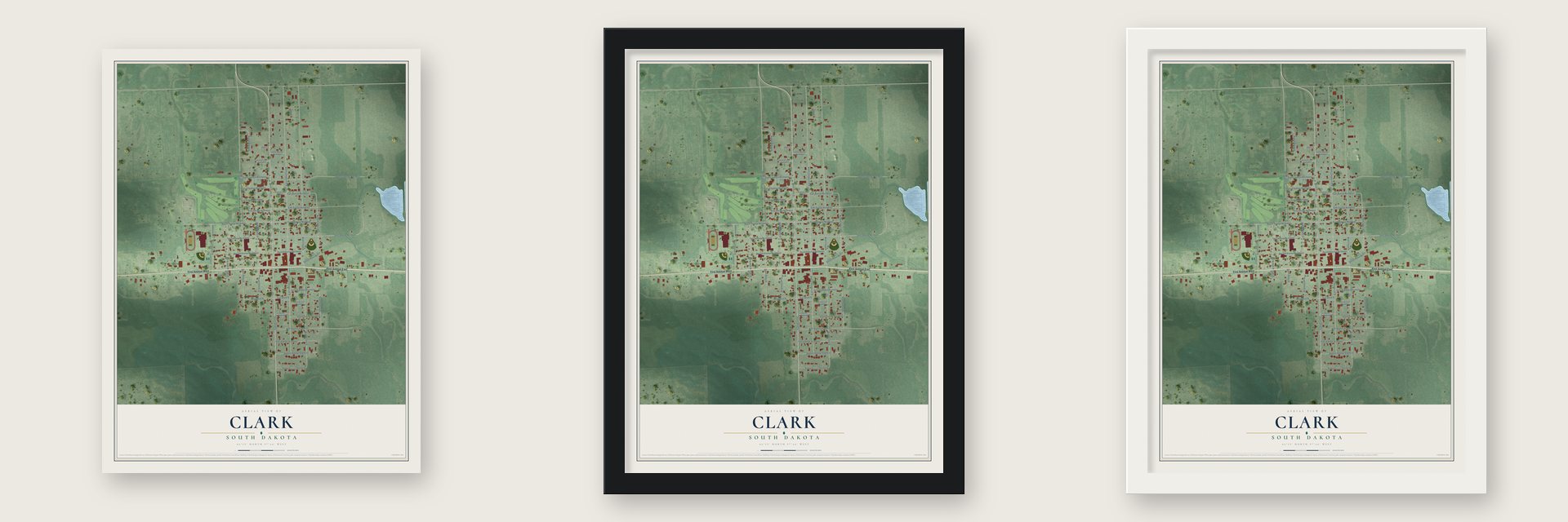 Clark, South Dakota map unframed, in a black wood frame and in a white wood frame