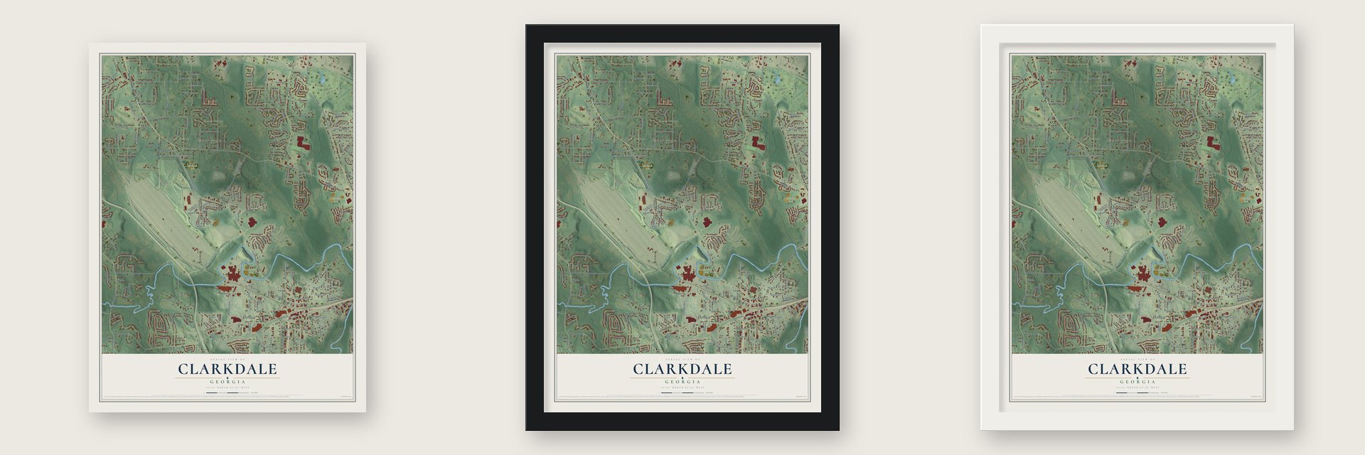 Clarkdale, Georgia map unframed, in a black wood frame and in a white wood frame