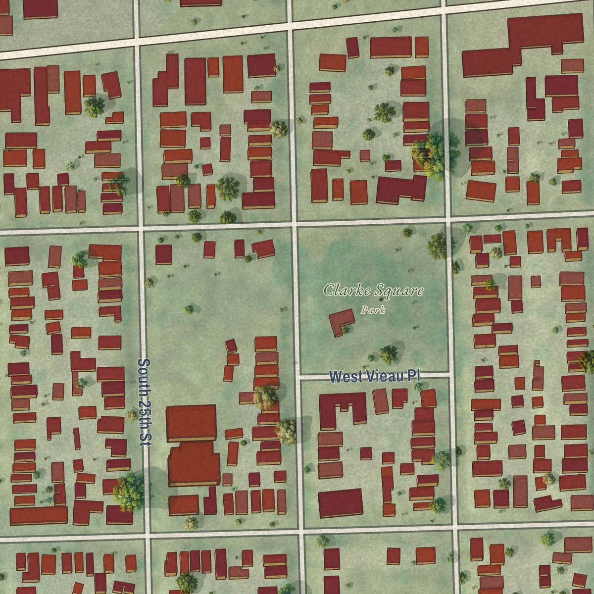 Second close-up of the map of Clarke Square, Wisconsin print showing more streets and buildings