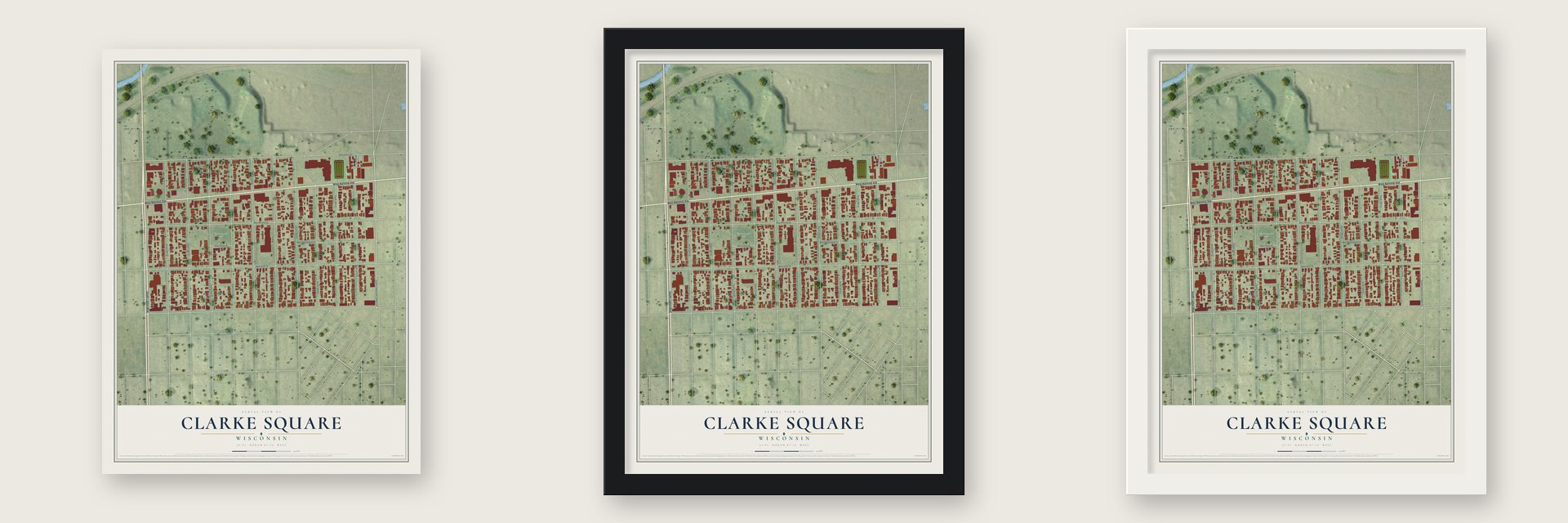 Clarke Square, Wisconsin map unframed, in a black wood frame and in a white wood frame