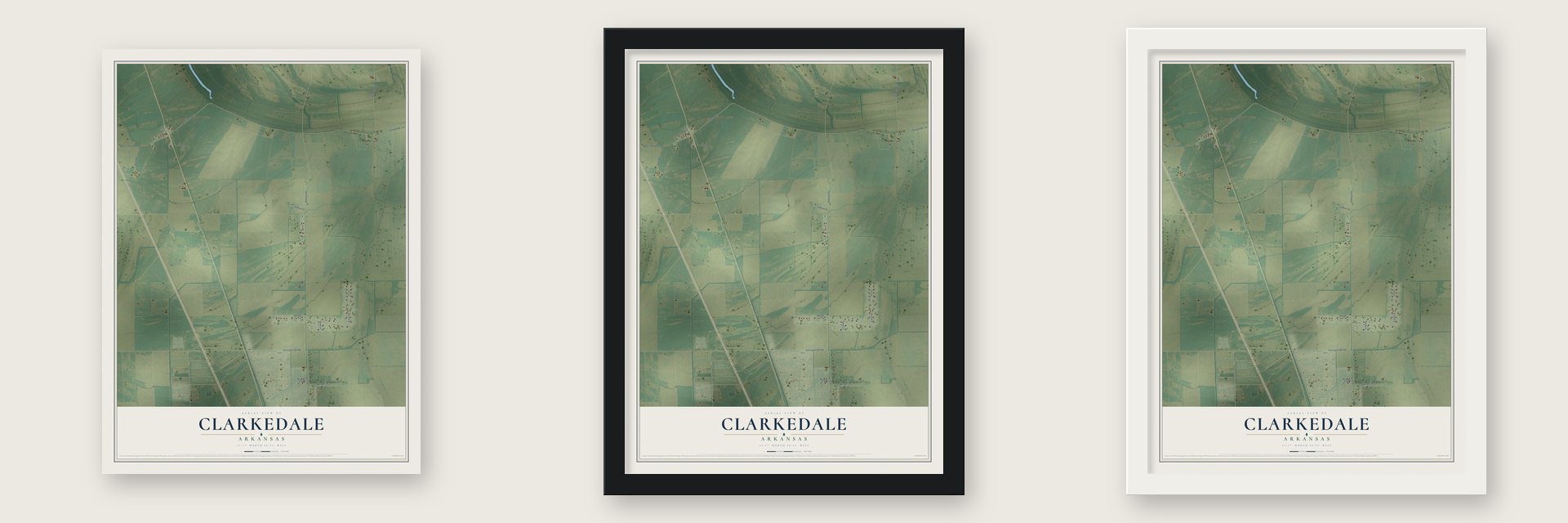 Clarkedale, Arkansas map unframed, in a black wood frame and in a white wood frame