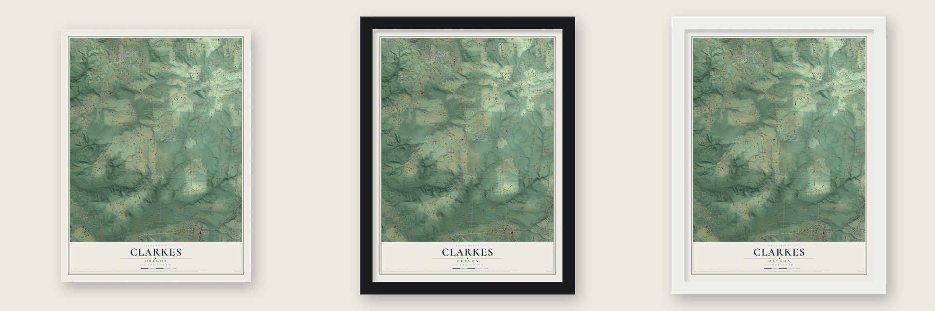 Clarkes, Oregon map unframed, in a black wood frame and in a white wood frame