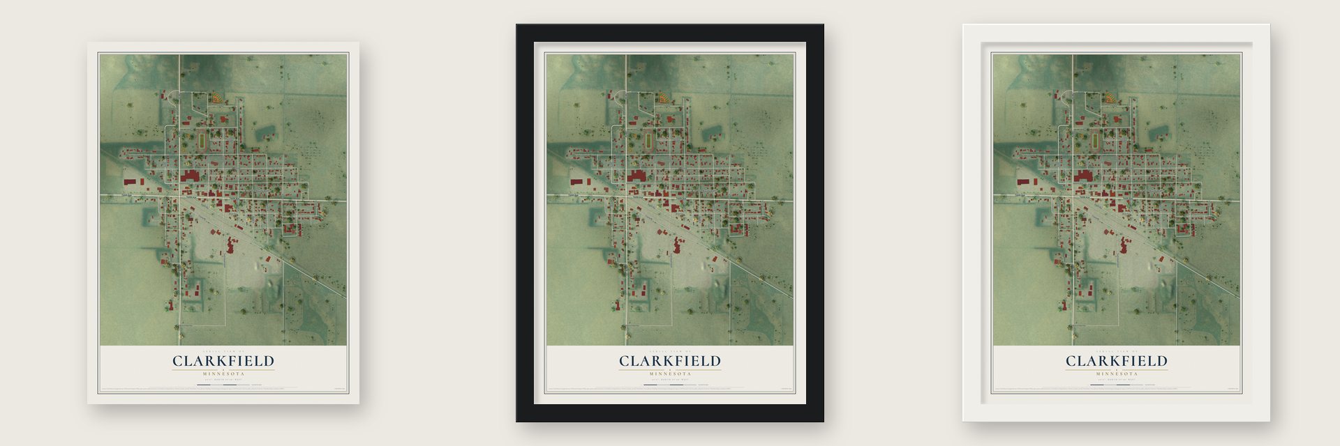 Clarkfield, Minnesota map unframed, in a black wood frame and in a white wood frame
