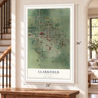 Clarkfield, Minnesota map, 24 x 36 inch print in a white frame by a staircase