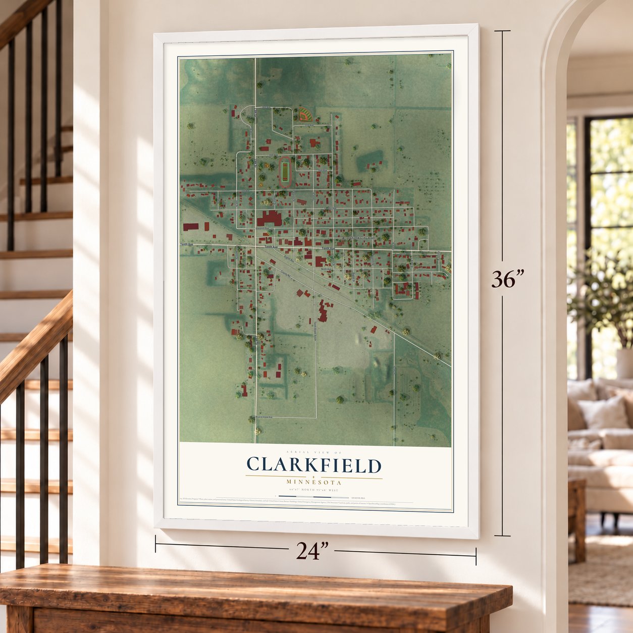 Clarkfield, Minnesota map, 24 x 36 inch print in a white frame by a staircase
