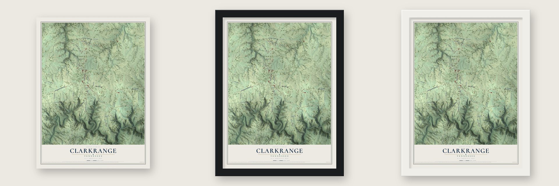 Clarkrange, Tennessee map unframed, in a black wood frame and in a white wood frame