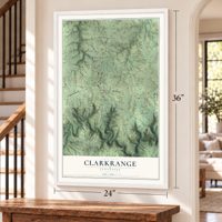 Clarkrange, Tennessee map, 24 x 36 inch print in a white frame by a staircase