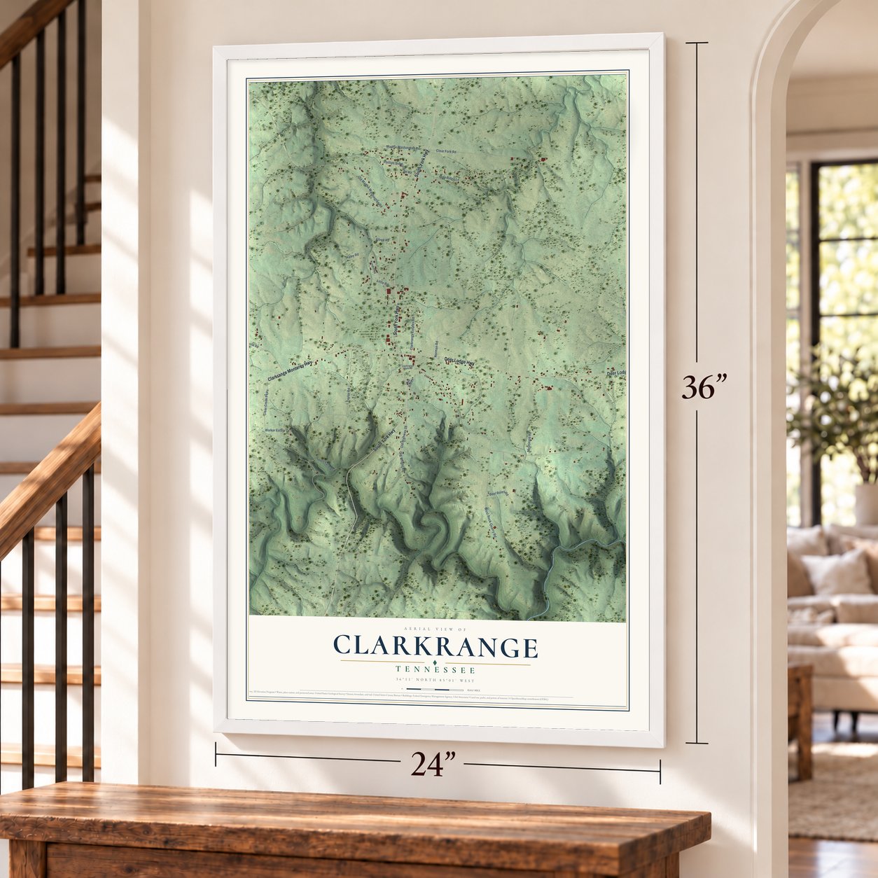 Clarkrange, Tennessee map, 24 x 36 inch print in a white frame by a staircase