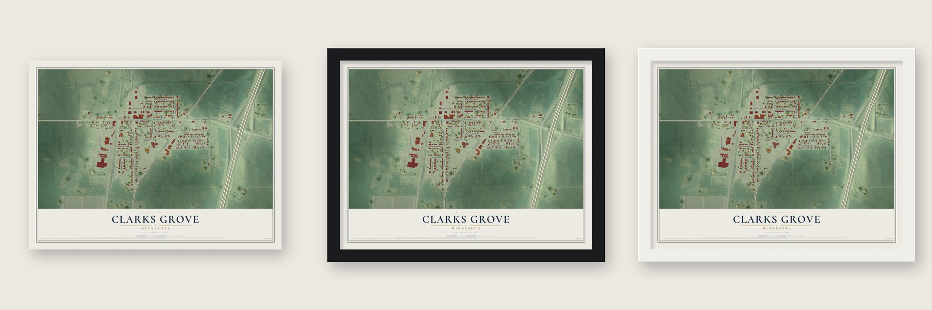 Clarks Grove, Minnesota map unframed, in a black wood frame and in a white wood frame