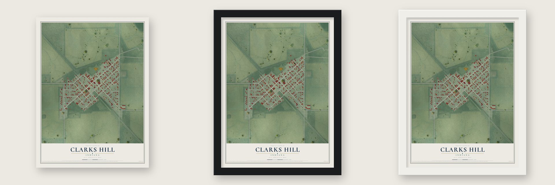 Clarks Hill, Indiana map unframed, in a black wood frame and in a white wood frame