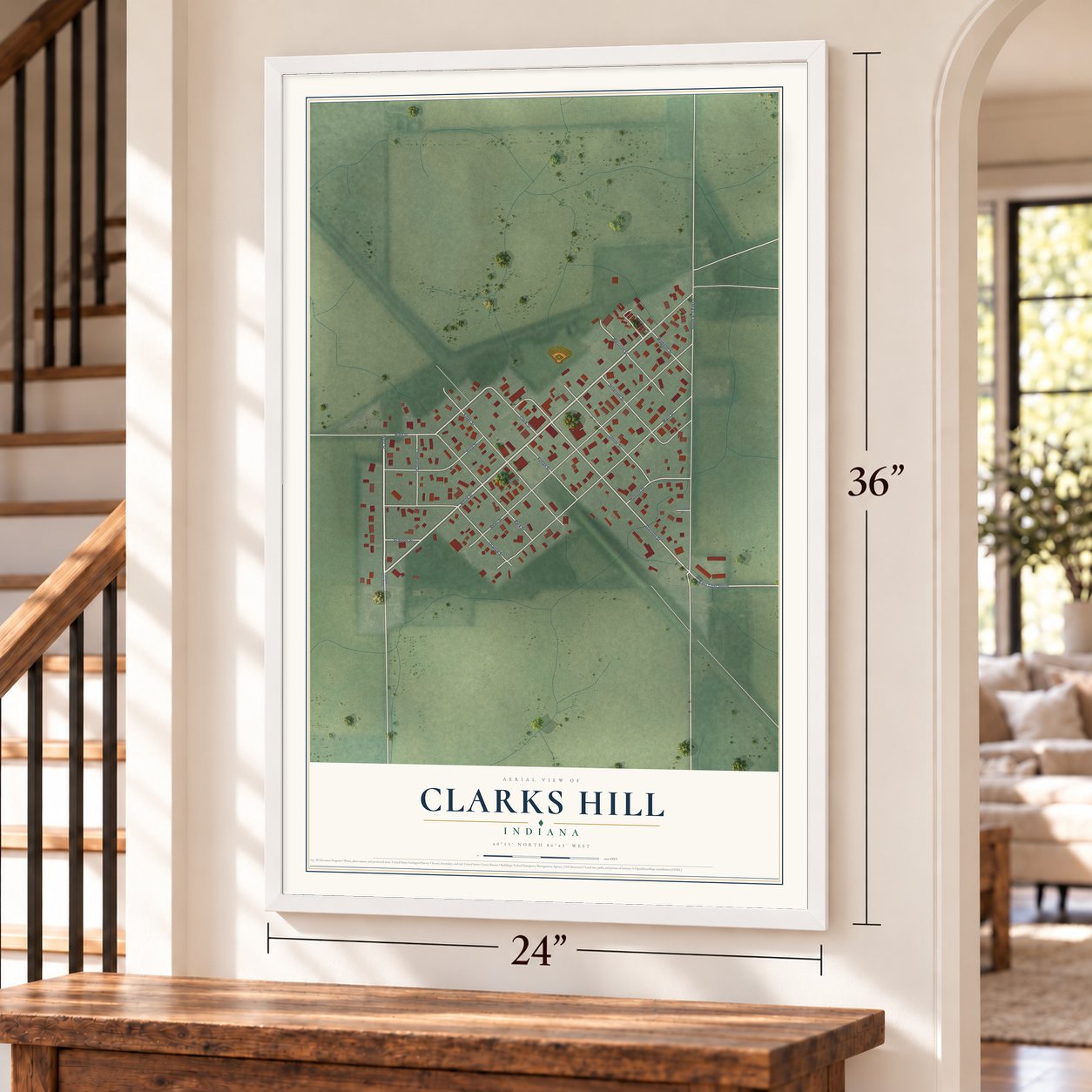 Clarks Hill, Indiana map, 24 x 36 inch print in a white frame by a staircase