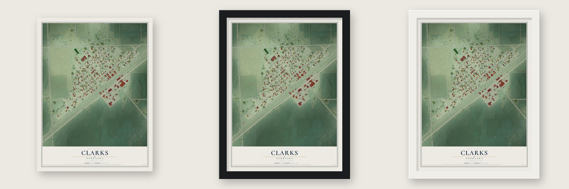 Clarks, Nebraska map unframed, in a black wood frame and in a white wood frame