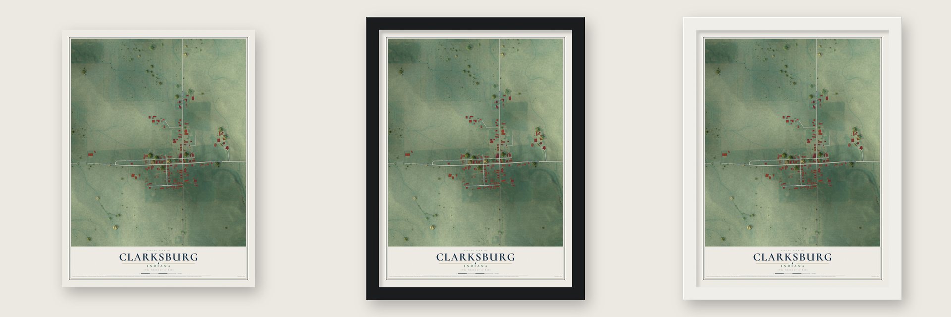 Clarksburg, Indiana map unframed, in a black wood frame and in a white wood frame