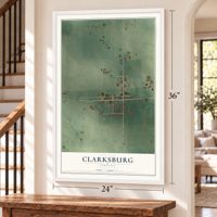 Clarksburg, Indiana map, 24 x 36 inch print in a white frame by a staircase