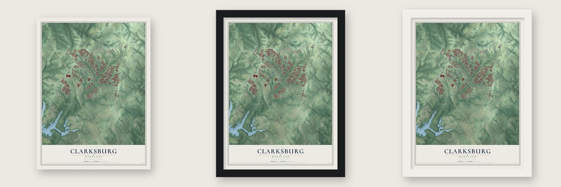 Clarksburg, Maryland map unframed, in a black wood frame and in a white wood frame