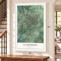 Clarksburg, Maryland map, 24 x 36 inch print in a white frame by a staircase