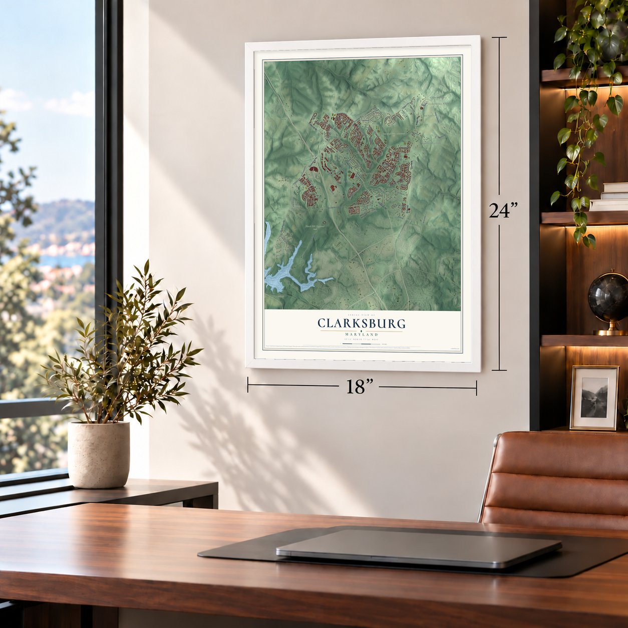 Clarksburg, Maryland map, 18 x 24 inch print in a white frame in a home office
