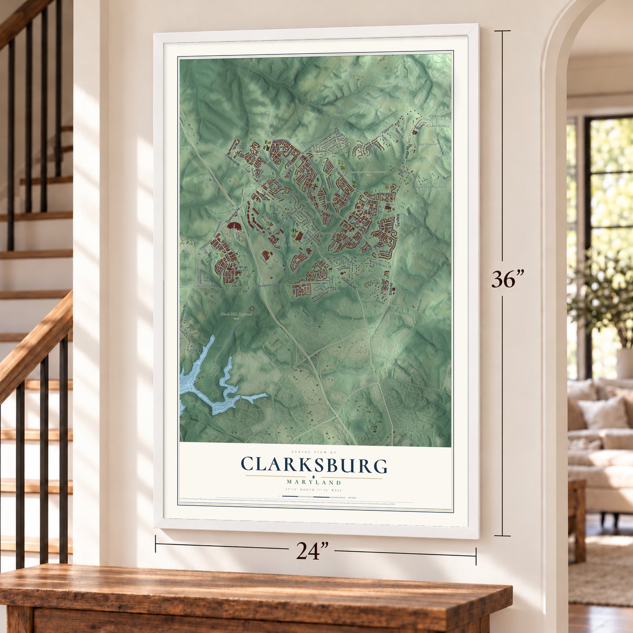 Clarksburg, Maryland map, 24 x 36 inch print in a white frame by a staircase