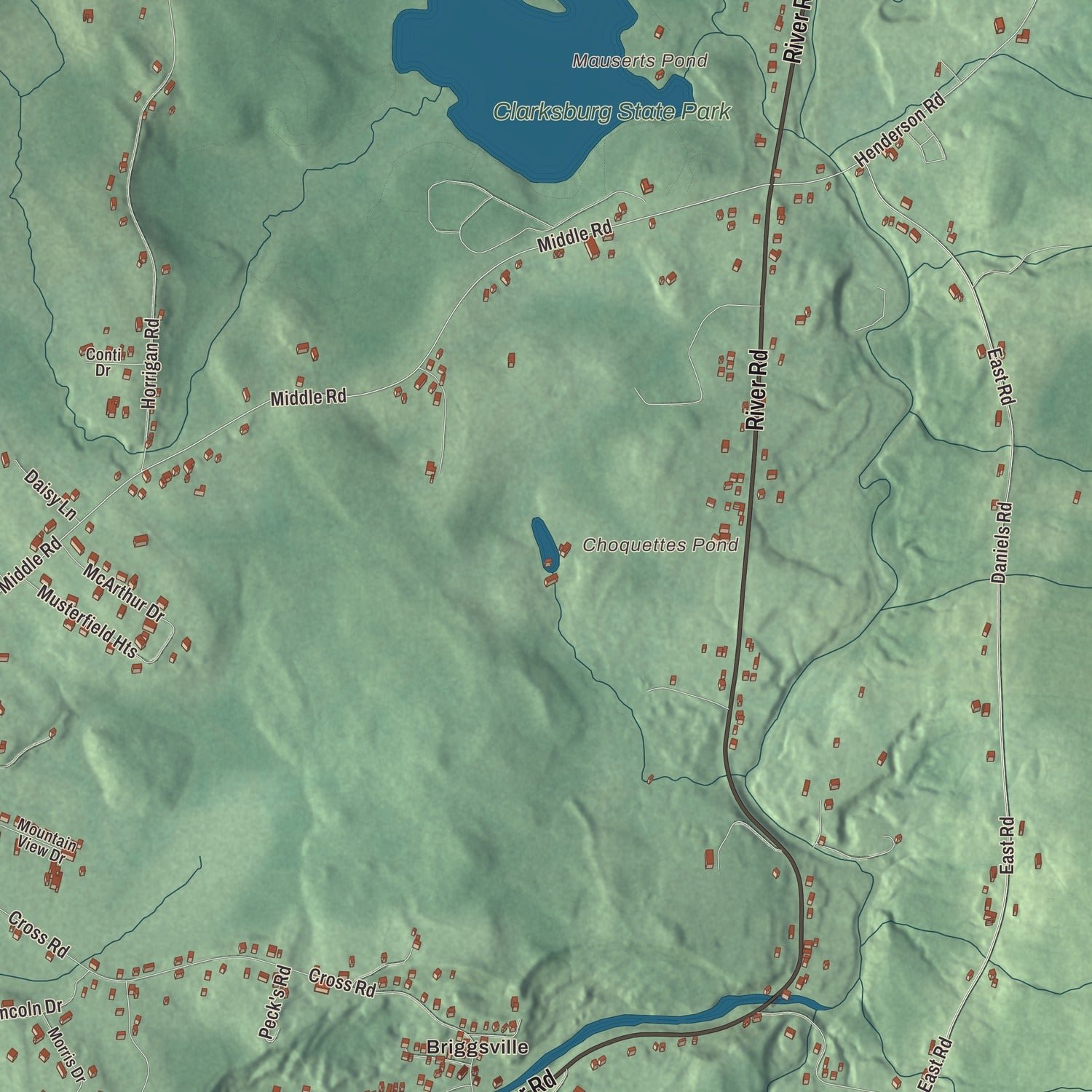 Close-up of the map of Clarksburg, Massachusetts print showing terrain and local geography