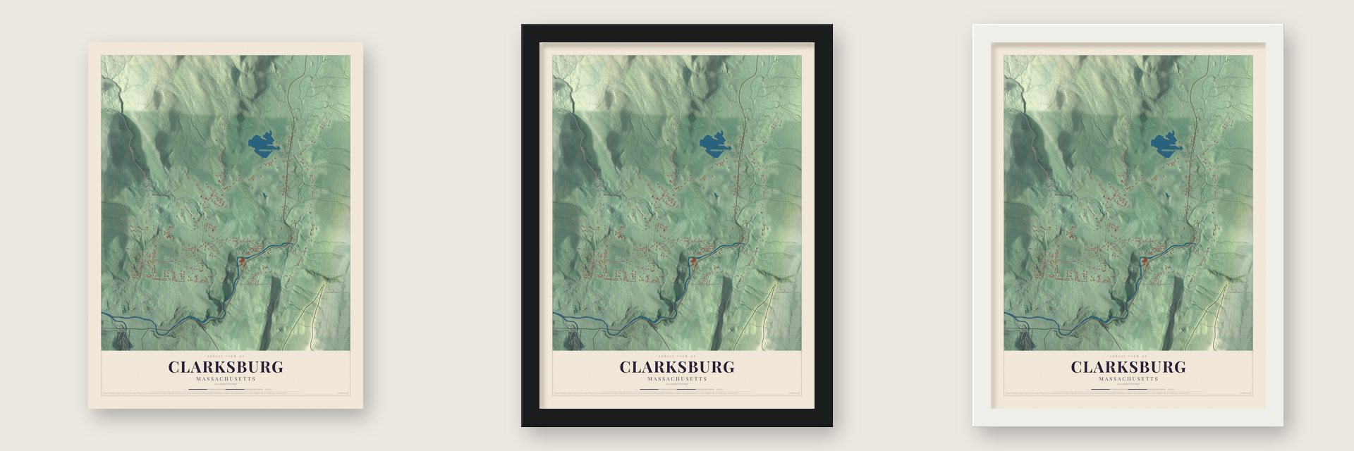 Clarksburg, Massachusetts map unframed, in a black wood frame and in a white wood frame