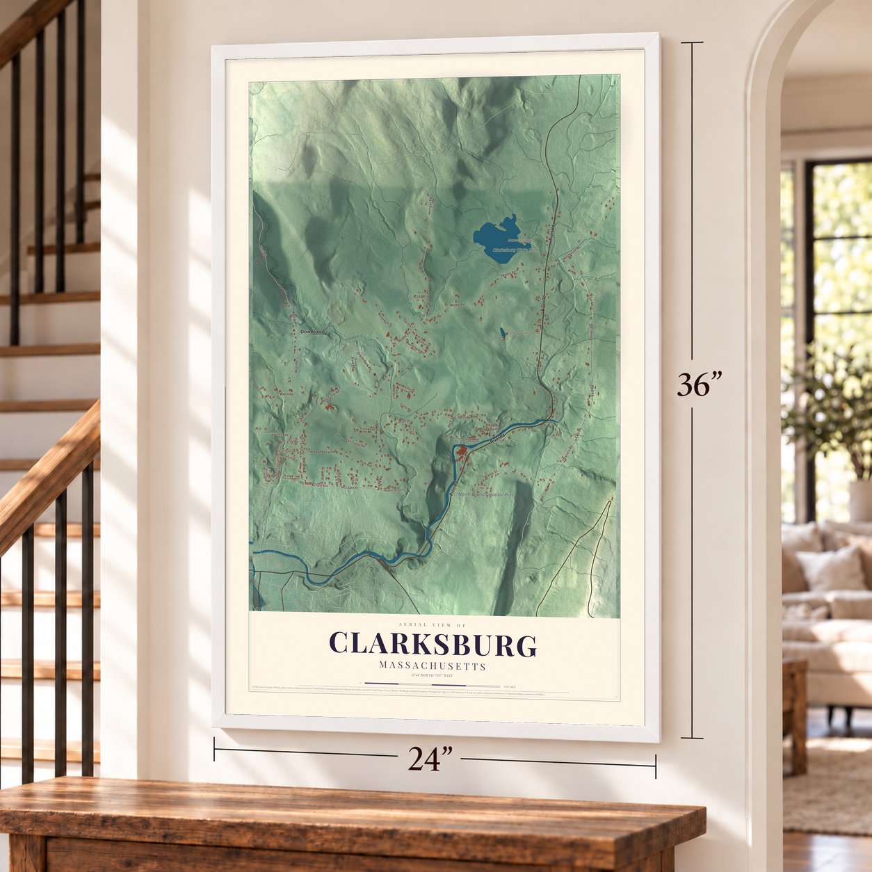 Clarksburg, Massachusetts map, 24 x 36 inch print in a white frame by a staircase