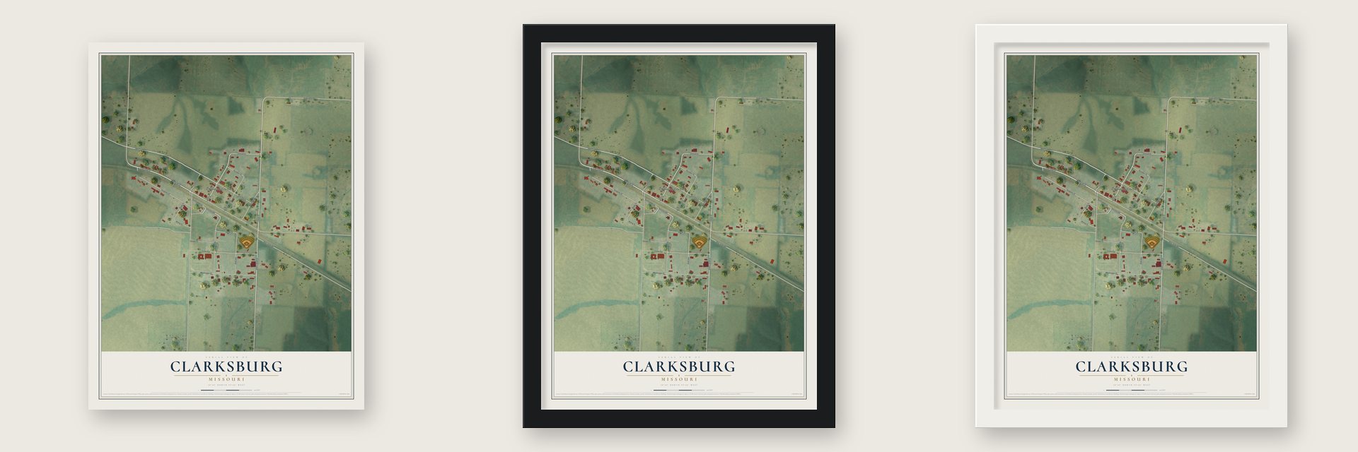 Clarksburg, Missouri map unframed, in a black wood frame and in a white wood frame