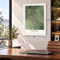 Clarksburg, Missouri map, 18 x 24 inch print in a white frame in a home office
