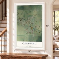 Clarksburg, Missouri map, 24 x 36 inch print in a white frame by a staircase