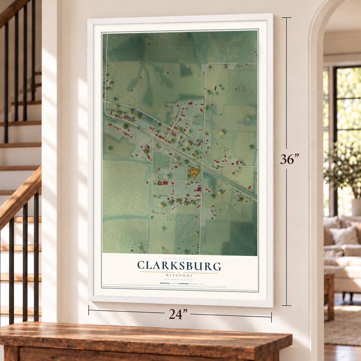 Clarksburg, Missouri map, 24 x 36 inch print in a white frame by a staircase