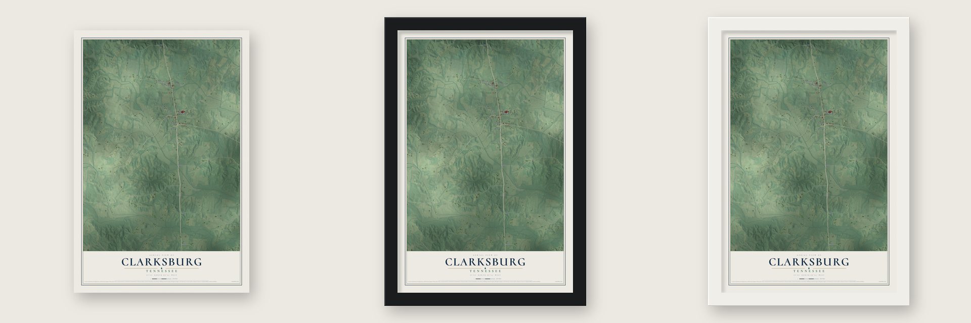 Clarksburg, Tennessee map unframed, in a black wood frame and in a white wood frame