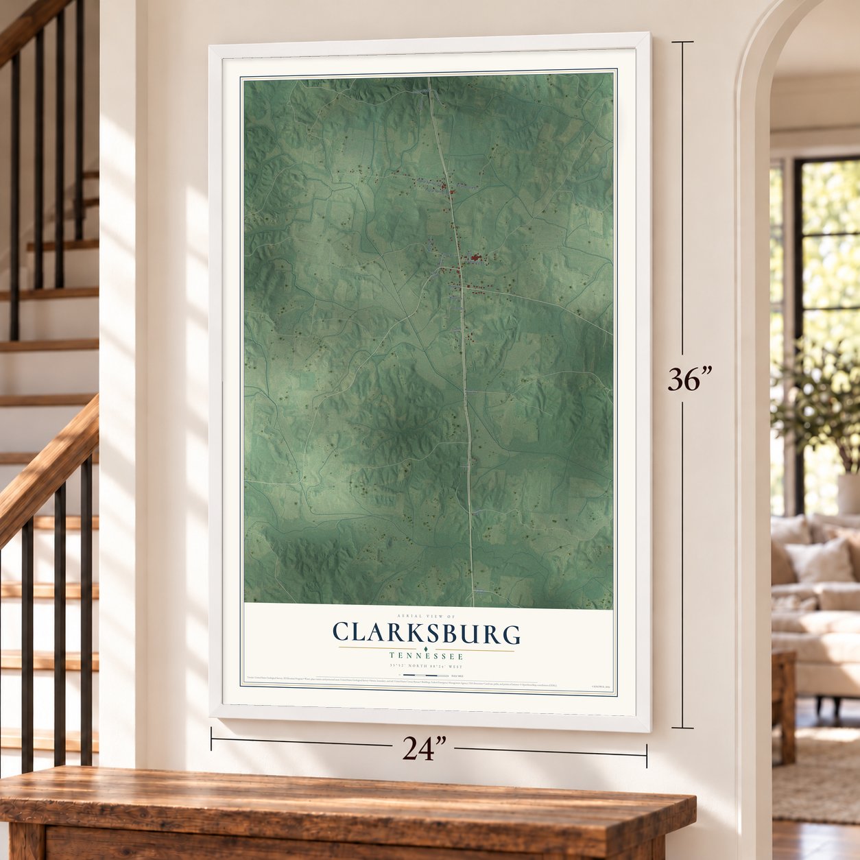 Clarksburg, Tennessee map, 24 x 36 inch print in a white frame by a staircase