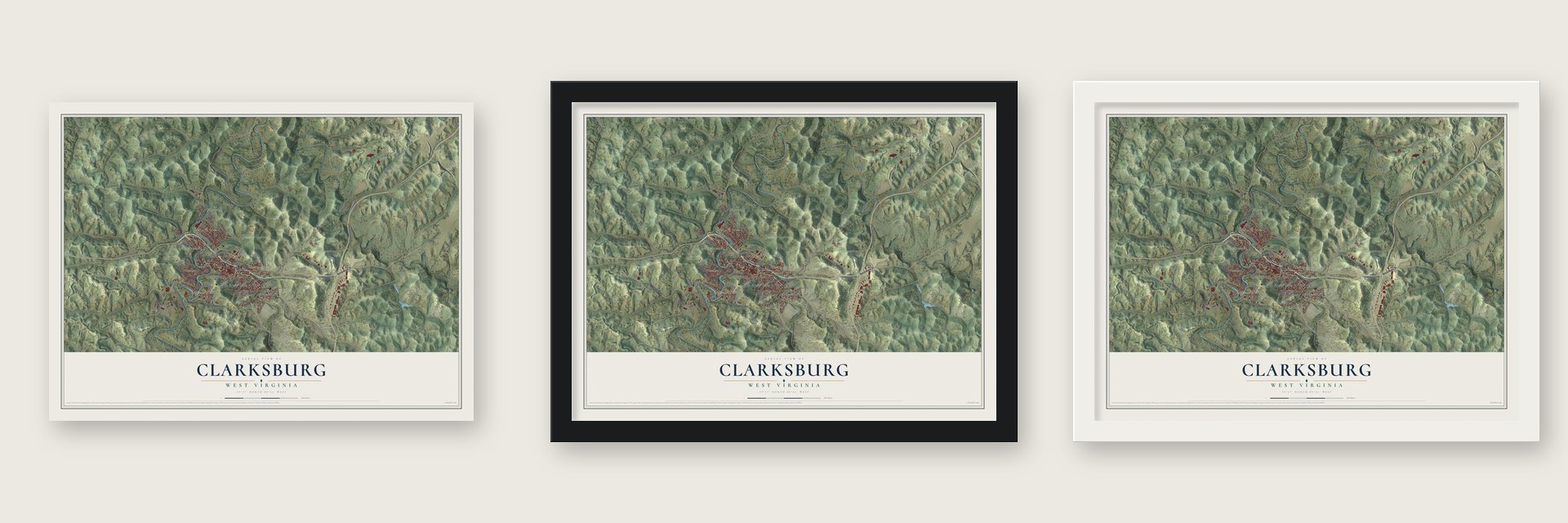 Clarksburg, West Virginia map unframed, in a black wood frame and in a white wood frame