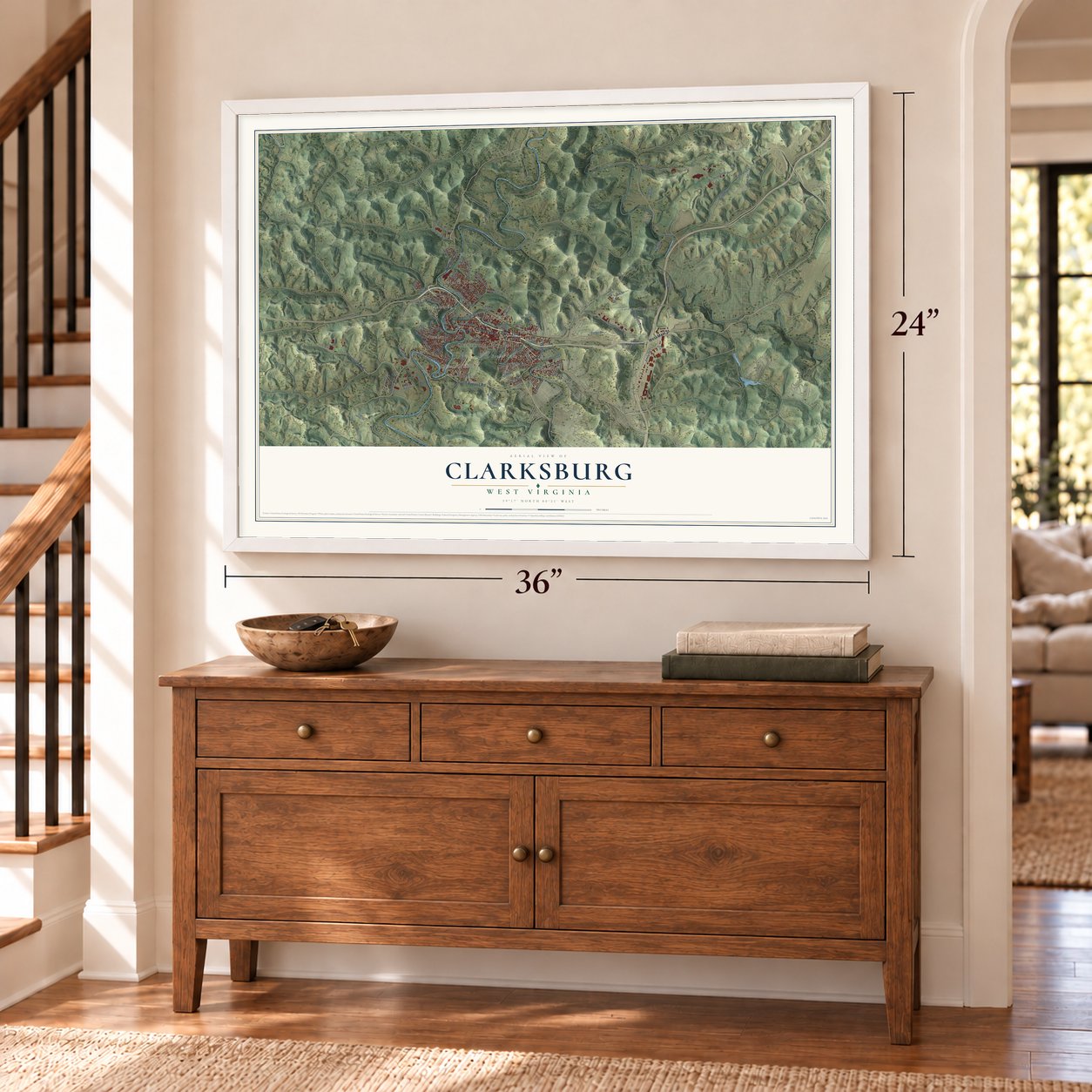 Clarksburg, West Virginia map, 24 x 36 inch print in a white frame above a dresser by a staircase
