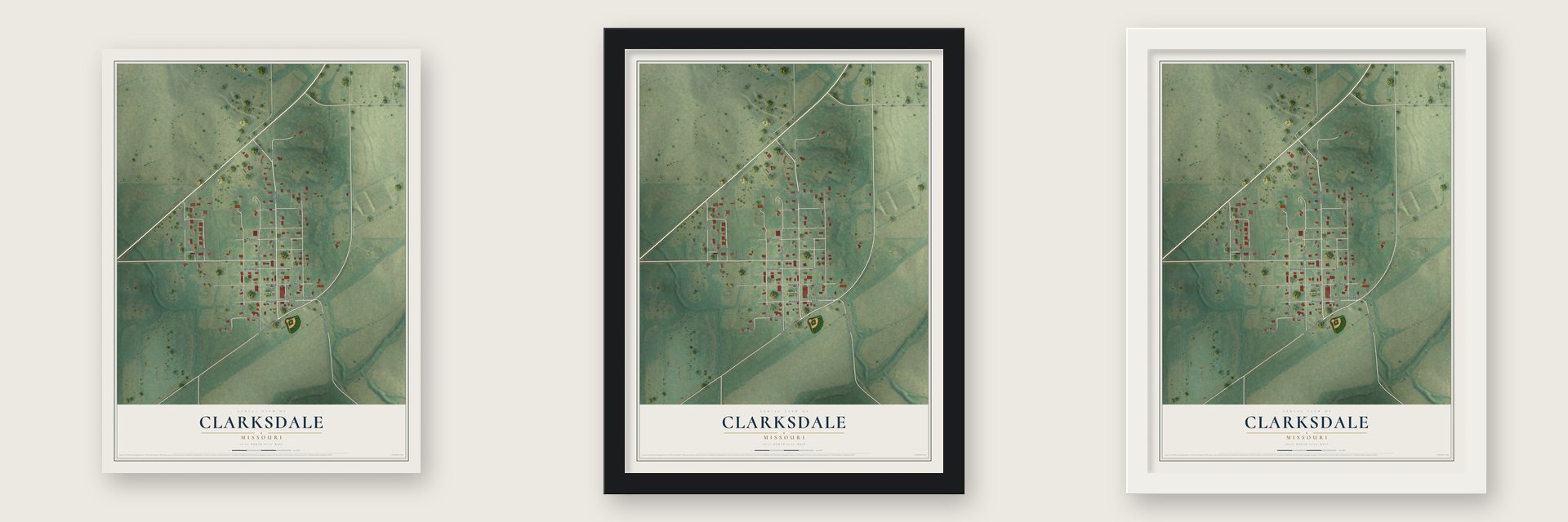 Clarksdale, Missouri map unframed, in a black wood frame and in a white wood frame