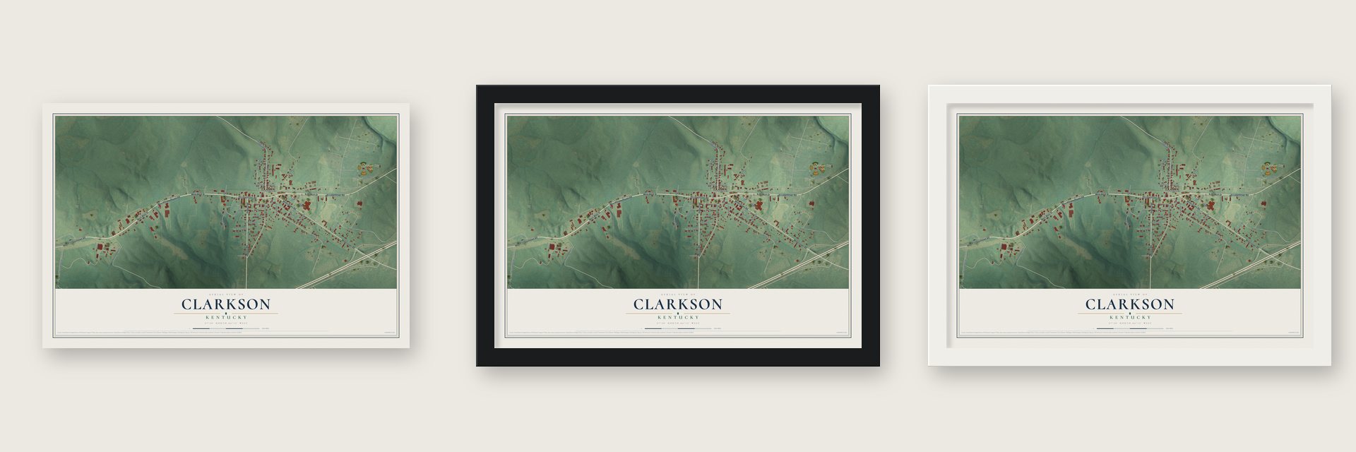 Clarkson, Kentucky map unframed, in a black wood frame and in a white wood frame