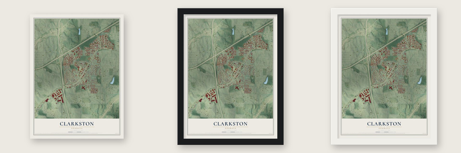 Clarkston, Georgia map unframed, in a black wood frame and in a white wood frame