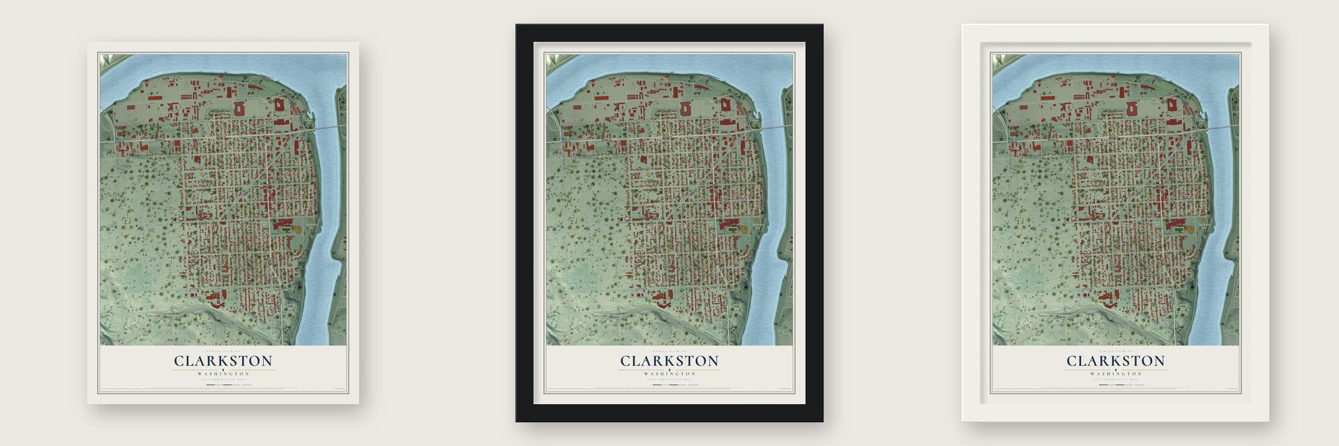 Clarkston, Washington map unframed, in a black wood frame and in a white wood frame