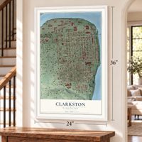 Clarkston, Washington map, 24 x 36 inch print in a white frame by a staircase