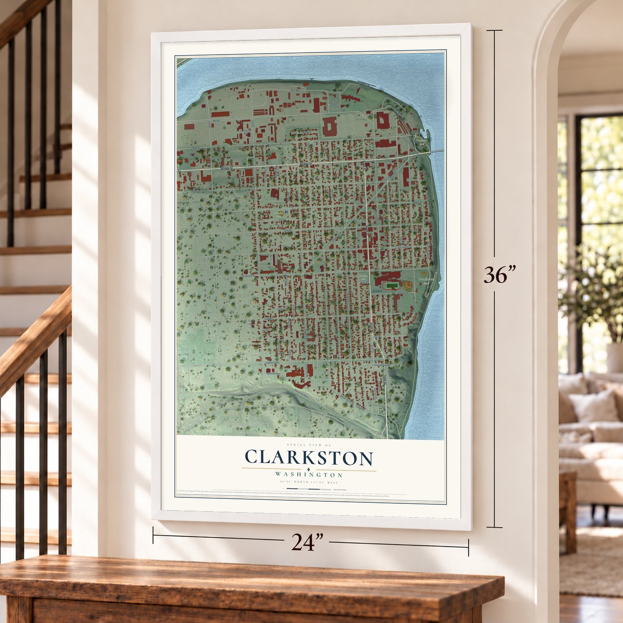 Clarkston, Washington map, 24 x 36 inch print in a white frame by a staircase