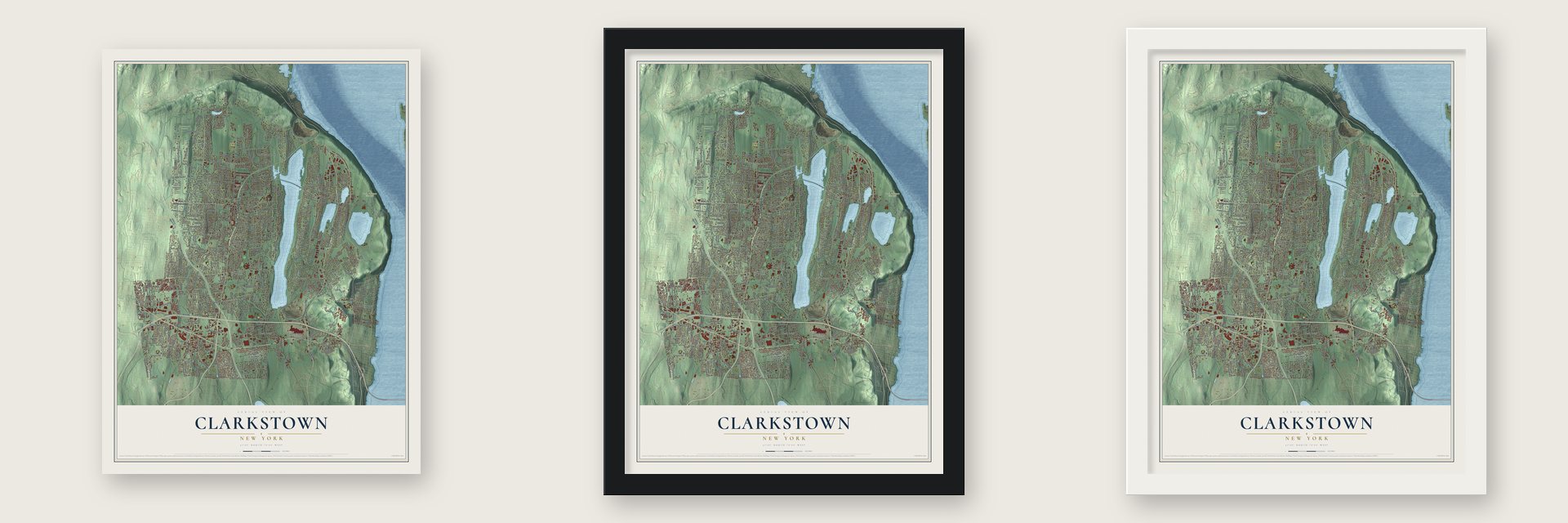 Clarkstown, New York map unframed, in a black wood frame and in a white wood frame