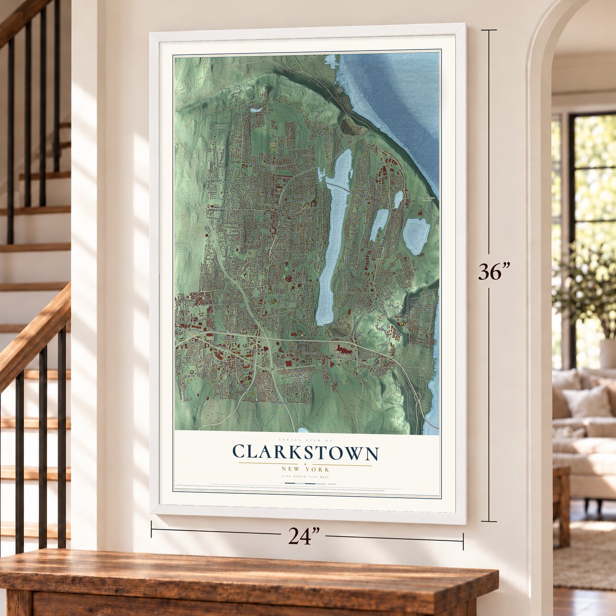 Clarkstown, New York map, 24 x 36 inch print in a white frame by a staircase