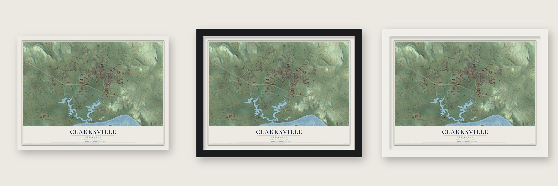 Clarksville, Arkansas map unframed, in a black wood frame and in a white wood frame