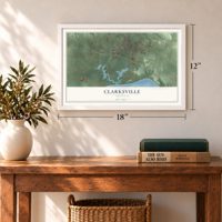 Clarksville, Arkansas map, 12 x 18 inch print in a white frame in an entryway